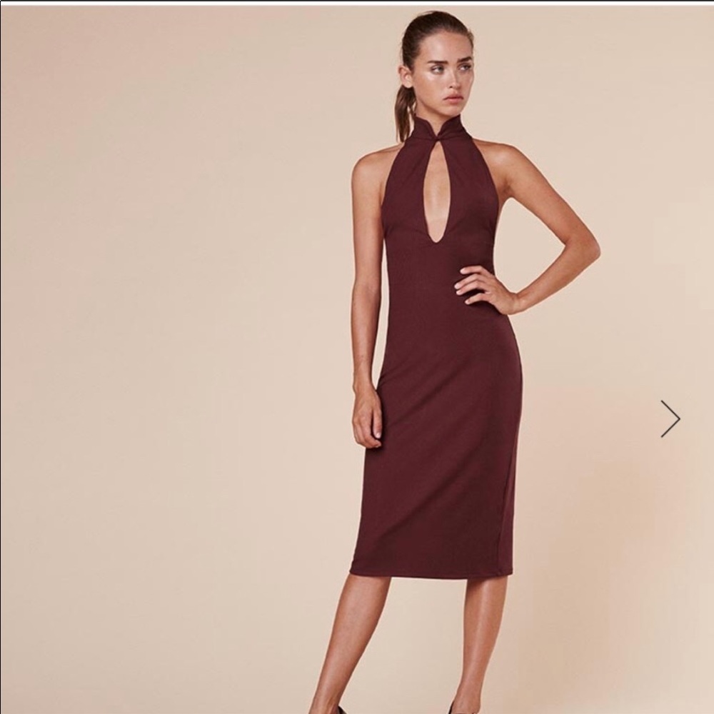 Reformation Jute Ribbed MIDI Keyhole dress in Rust